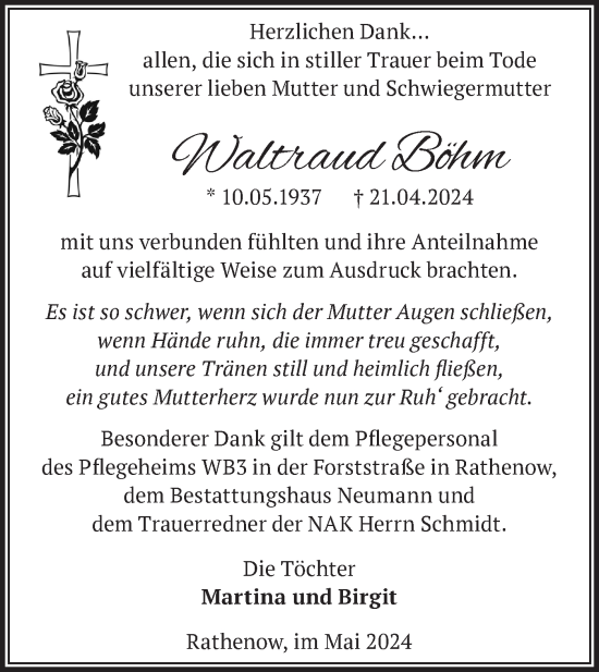 Traueranzeige von Waltraud Böhm von Märkische Oderzeitung