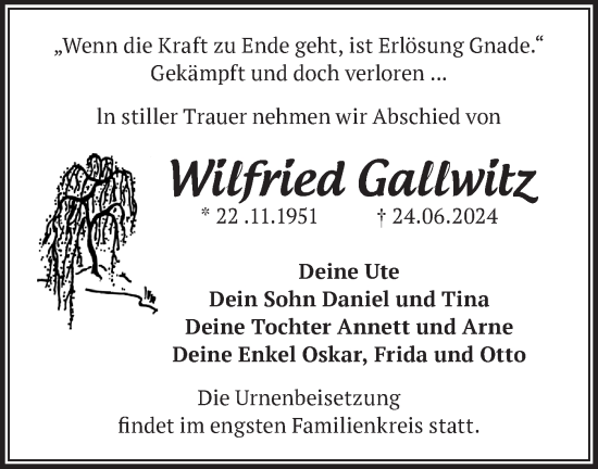 Traueranzeige von Wilfried Gallwitz von Märkische Oderzeitung