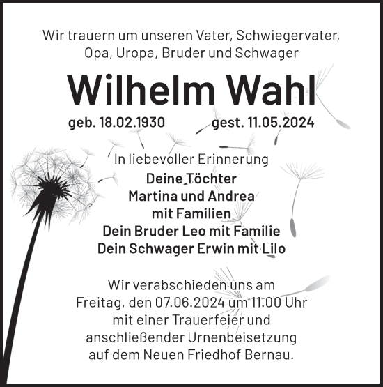 Traueranzeige von Wilhelm Wahl von Märkische Oderzeitung