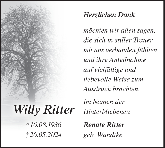 Traueranzeige von Willy Ritter von Märkische Oderzeitung