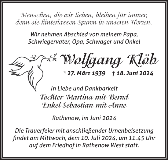 Traueranzeige von Wolfgang Klöb von Märkische Oderzeitung