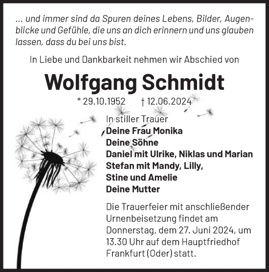 Traueranzeige von Wolfgang Schmidt von Märkische Oderzeitung