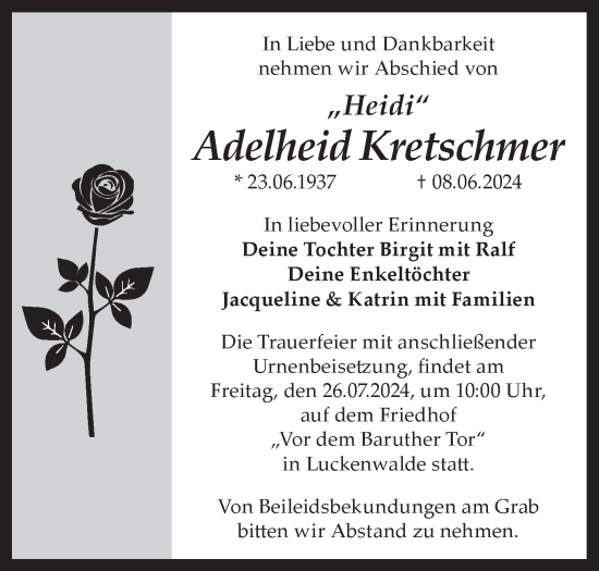 Traueranzeige von Adelheid Kretschmer von Märkische Oderzeitung