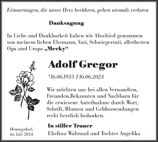 Traueranzeige von Adolf Gregor von Märkische Oderzeitung