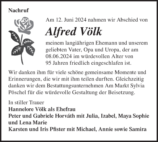 Traueranzeige von Alfred Völk von Märkische Oderzeitung