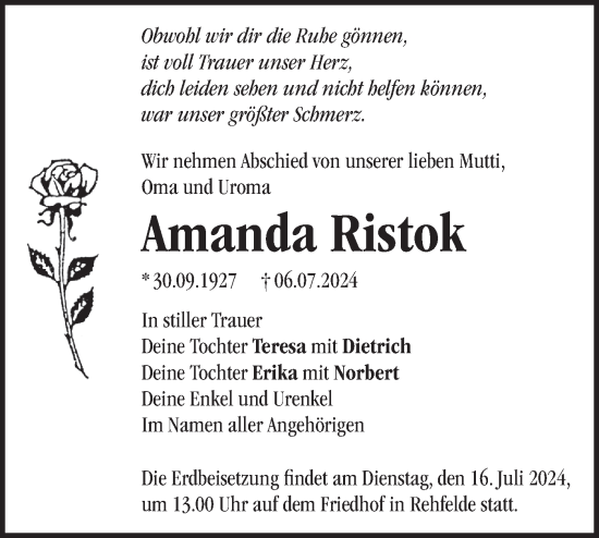 Traueranzeige von Amanda Ristok von Märkische Oderzeitung