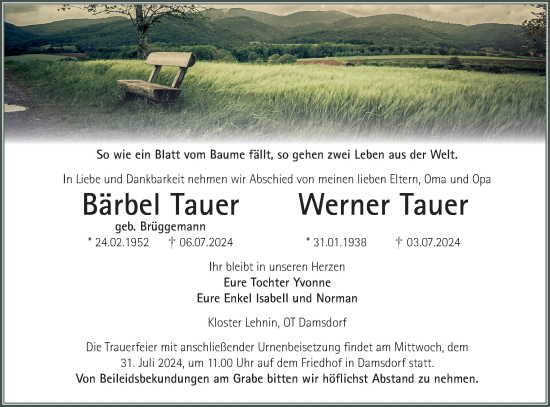 Traueranzeige von Bärbel und Werner Tauer von Märkische Oderzeitung