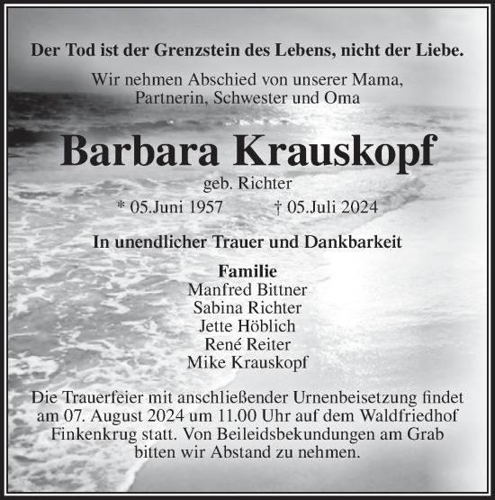 Traueranzeige von Barbara Krauskopf von Märkische Oderzeitung