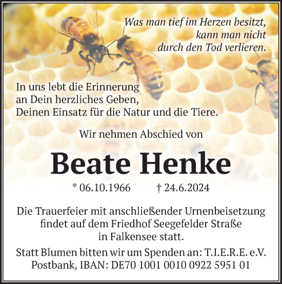 Traueranzeige von Beate Henke von Märkische Oderzeitung