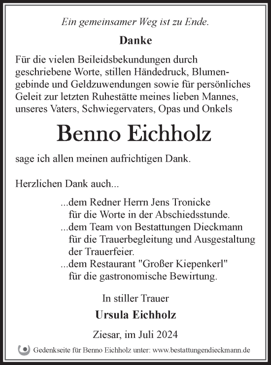 Traueranzeige von Benno Eichholz von Märkische Oderzeitung