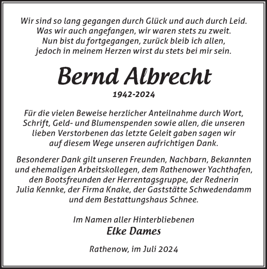 Traueranzeige von Bernd Albrecht von Märkische Oderzeitung