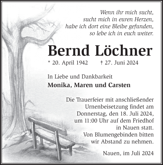 Traueranzeige von Bernd Löchner von Märkische Oderzeitung