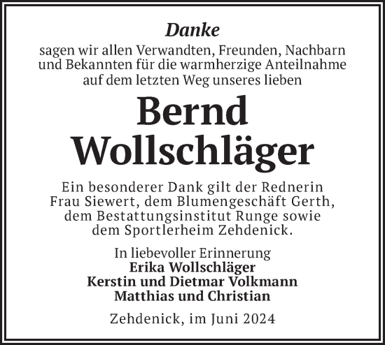 Traueranzeige von Bernd Wollschläger von Märkische Oderzeitung