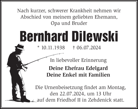 Traueranzeige von Bernhard Dilewski von Märkische Oderzeitung