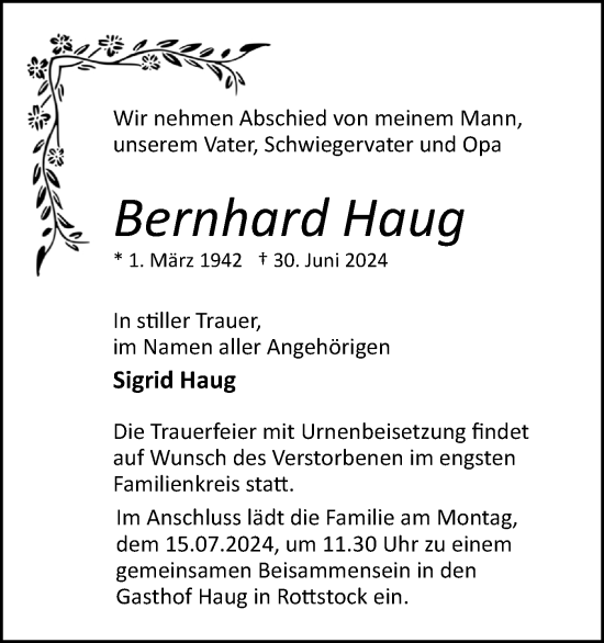 Traueranzeige von Bernhard Haug von Märkische Oderzeitung
