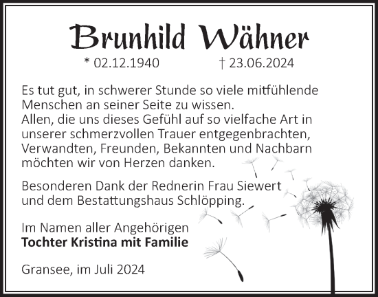 Traueranzeige von Brunhild Wähner von Märkische Oderzeitung