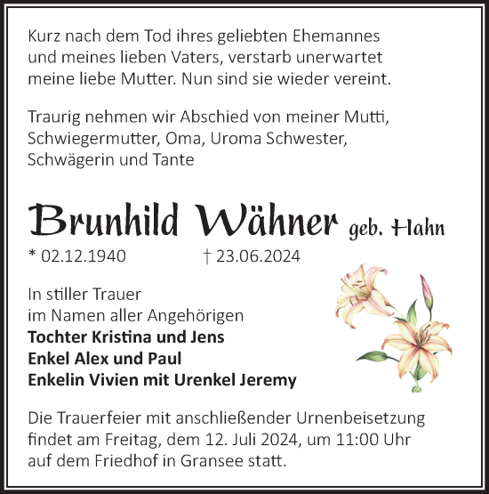 Traueranzeige von Brunhild Wähner von Märkische Oderzeitung