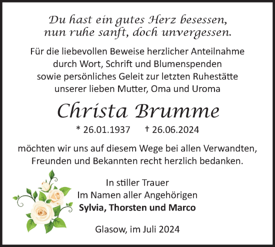 Traueranzeige von Christa Brumme von Märkische Oderzeitung