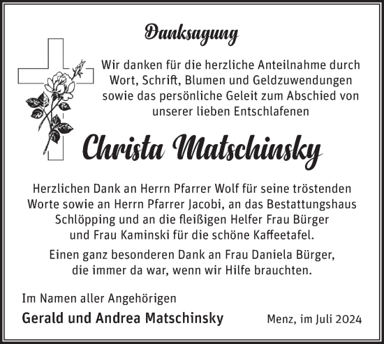 Traueranzeige von Christa Matschinsky von Märkische Oderzeitung