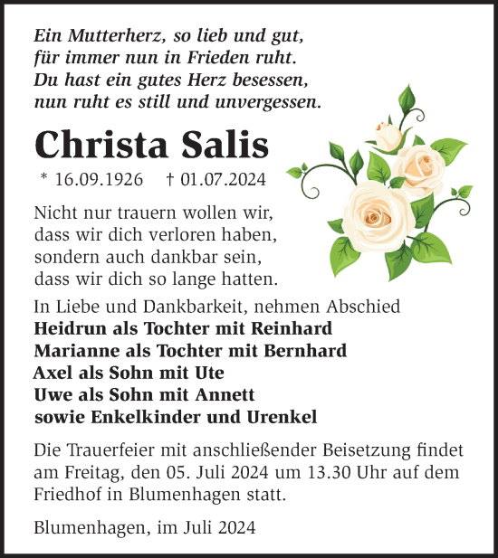 Traueranzeige von Christa Salis von Märkische Oderzeitung