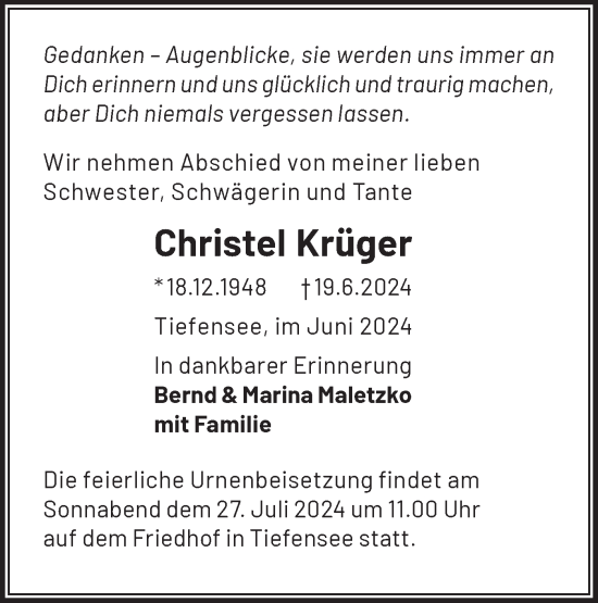 Traueranzeige von Christel Krüger von Märkische Oderzeitung