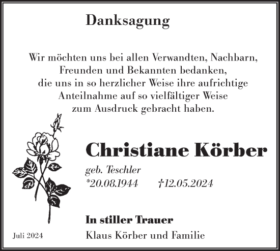 Traueranzeige von Christiane Körber von Märkische Oderzeitung