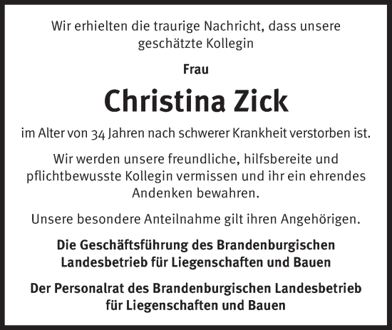 Traueranzeige von Christina Zick von Märkische Oderzeitung