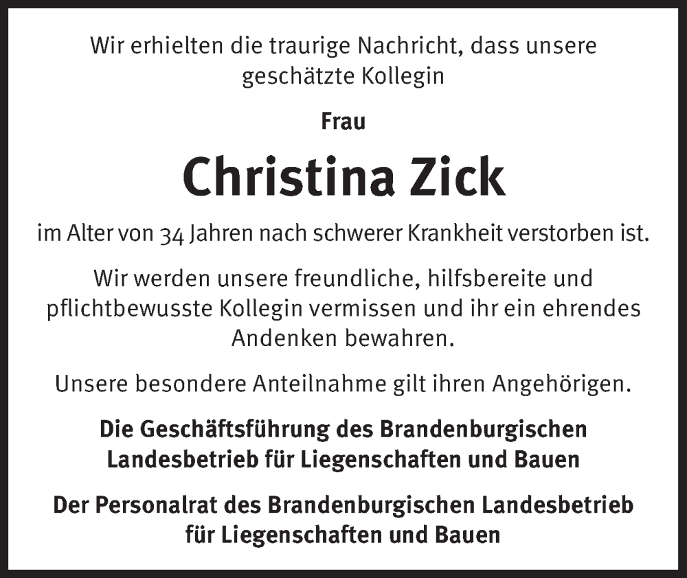  Traueranzeige für Christina Zick vom 27.07.2024 aus Märkische Oderzeitung