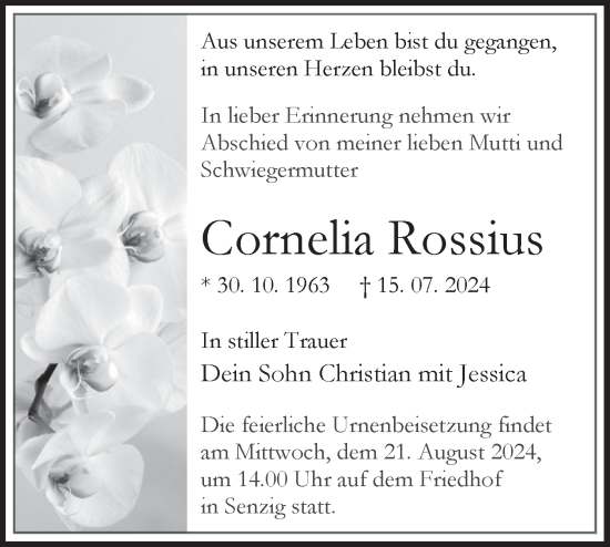 Traueranzeige von Cornelia Rossius von Märkische Oderzeitung