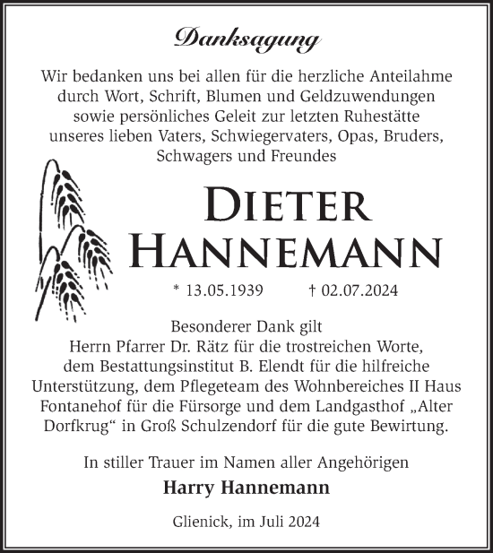 Traueranzeige von Dieter Hannemann von Märkische Oderzeitung
