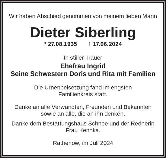 Traueranzeige von Dieter Siberling von Märkische Oderzeitung