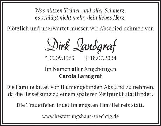 Traueranzeige von Dirk Landgraf von Märkische Oderzeitung