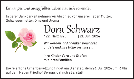 Traueranzeige von Dora Schwarz von Märkische Oderzeitung