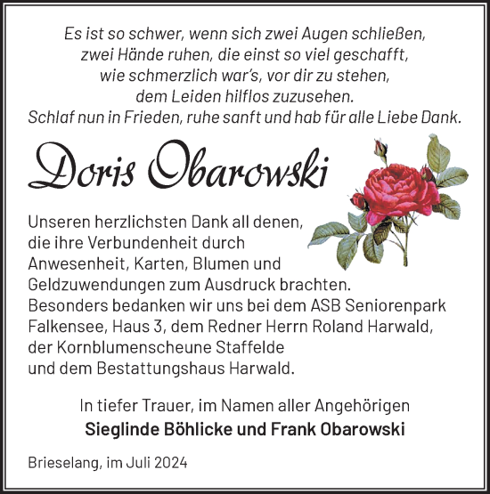 Traueranzeige von Doris Obarowski von Märkische Oderzeitung