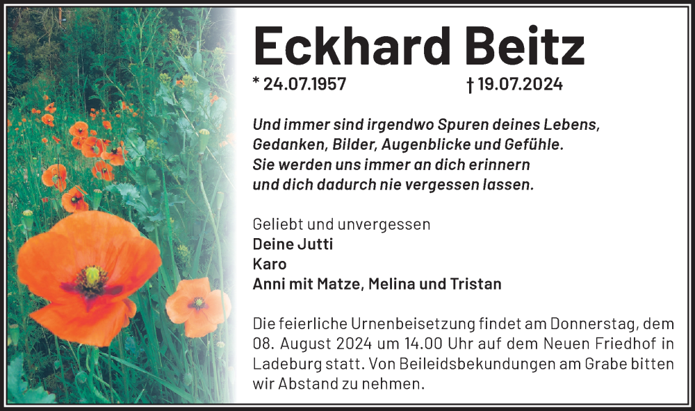  Traueranzeige für Eckhard Beitz vom 27.07.2024 aus Märkische Oderzeitung