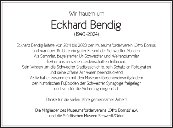 Traueranzeige von Eckhard Bendig von Märkische Oderzeitung