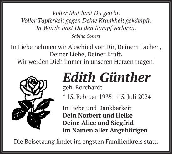 Traueranzeige von Edith Günther von Märkische Oderzeitung