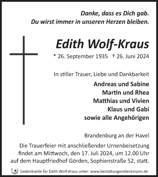 Traueranzeige von Edith Wolf-Kraus von Märkische Oderzeitung