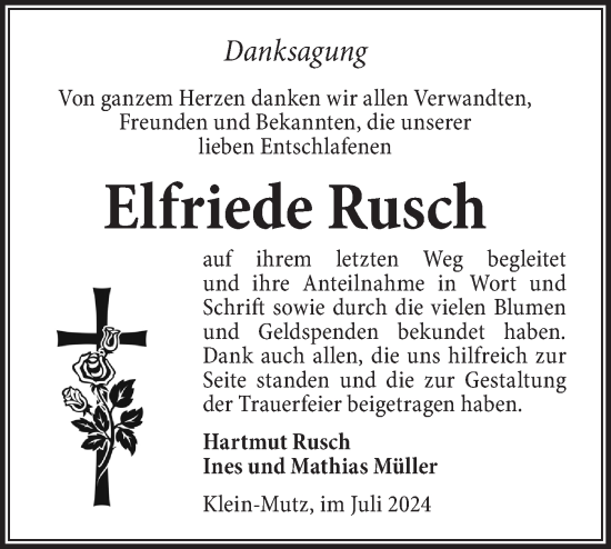 Traueranzeige von Elfriede Rusch von Märkische Oderzeitung
