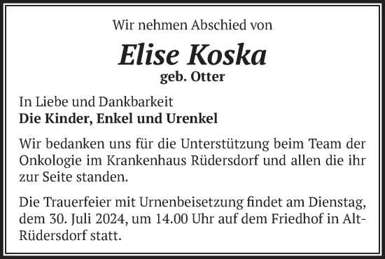 Traueranzeige von Elise Koska von Märkische Oderzeitung