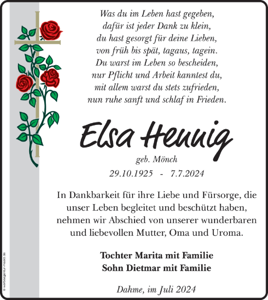 Traueranzeige von Elsa Hennig von Märkische Oderzeitung