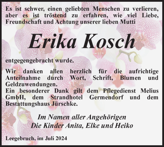 Traueranzeige von Erika Kosch von Märkische Oderzeitung