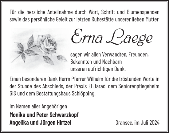 Traueranzeige von Erna Laege von Märkische Oderzeitung