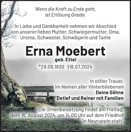 Traueranzeige von Erna Moebert von Märkische Oderzeitung
