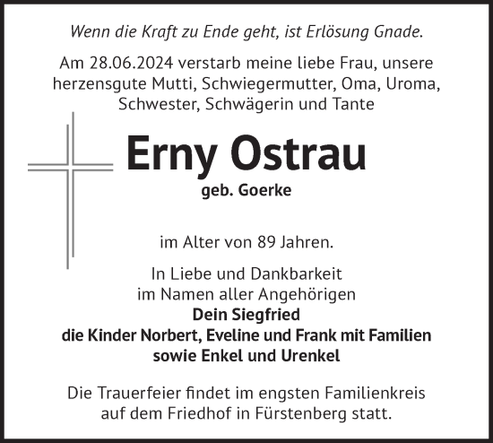 Traueranzeige von Erny Ostrau von Märkische Oderzeitung