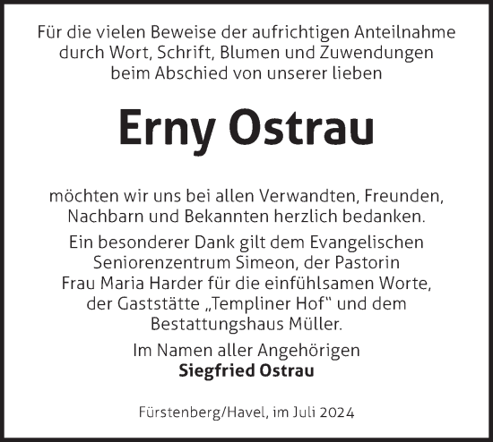 Traueranzeige von Erny Ostrau von Märkische Oderzeitung