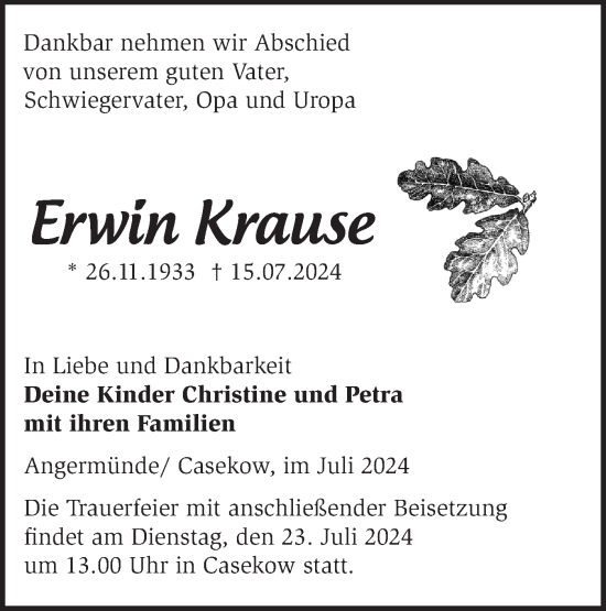 Traueranzeige von Erwin Krause von Märkische Oderzeitung
