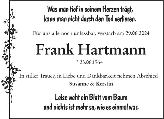 Traueranzeige von Frank Hartmann von Märkische Oderzeitung
