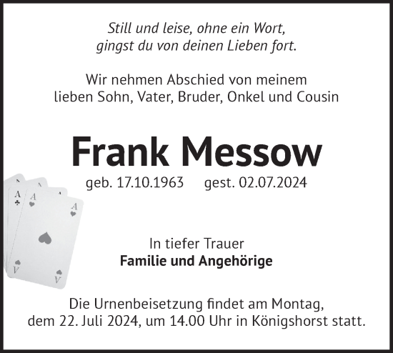 Traueranzeige von Frank Messow von Märkische Oderzeitung
