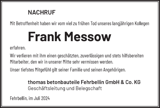 Traueranzeige von Frank Messow von Märkische Oderzeitung